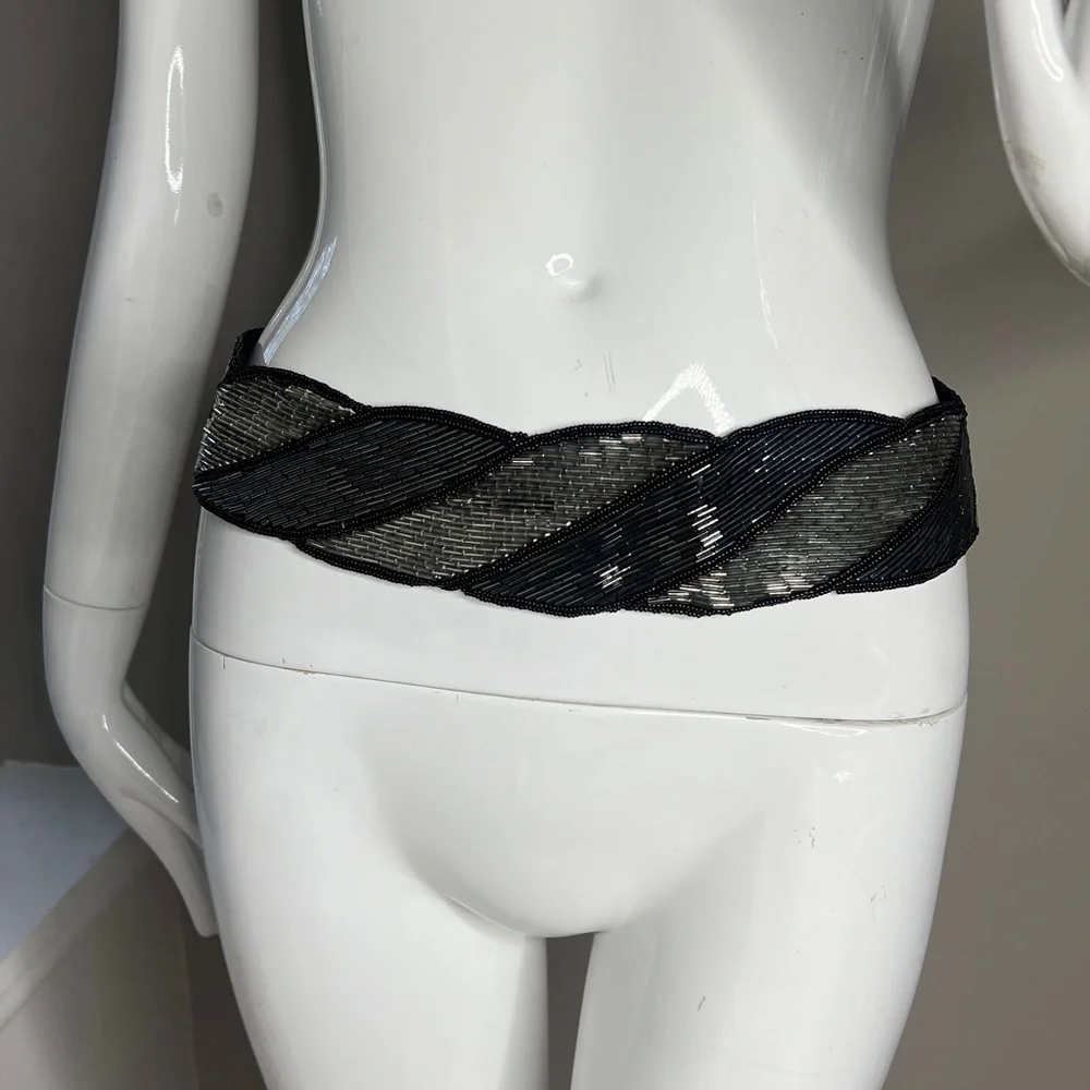 Beaded Sz L Black Silver Bugle Beaded Velcro Adjustable Belt
